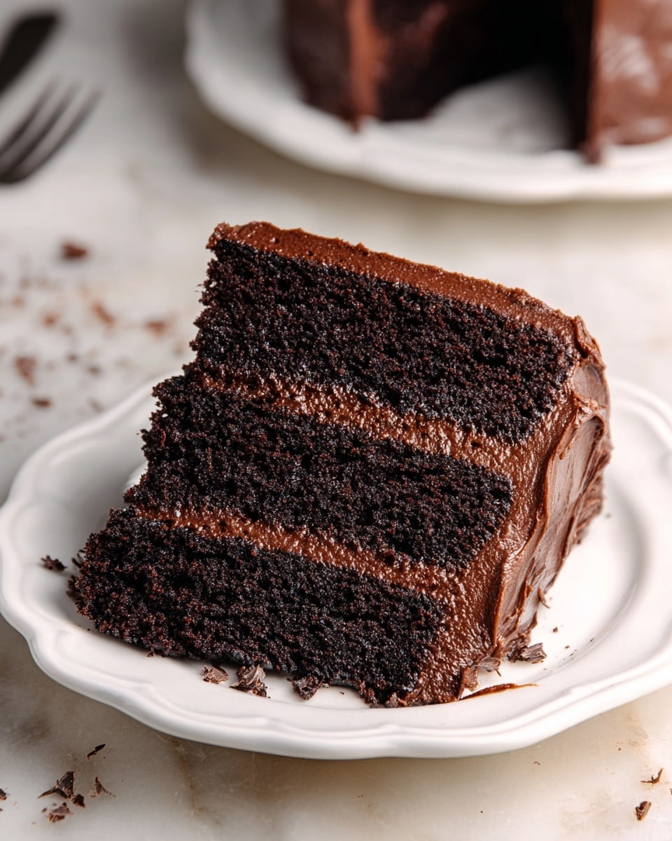 This image shows a three-layer chocolate cake with rich dark brown sponge and thick, creamy chocolate frosting between each layer and all around the cake. The frosting on top is swirled with a smooth, glossy texture. A section has been cut out, revealing the moist layers and the shiny frosting inside. The cake sits on a round white marble cake stand with some crumbs and smears of frosting around the cut area. The background is a soft beige color with a white marbled surface underneath. Photo taken with an iphone --ar 4:5 --v 7