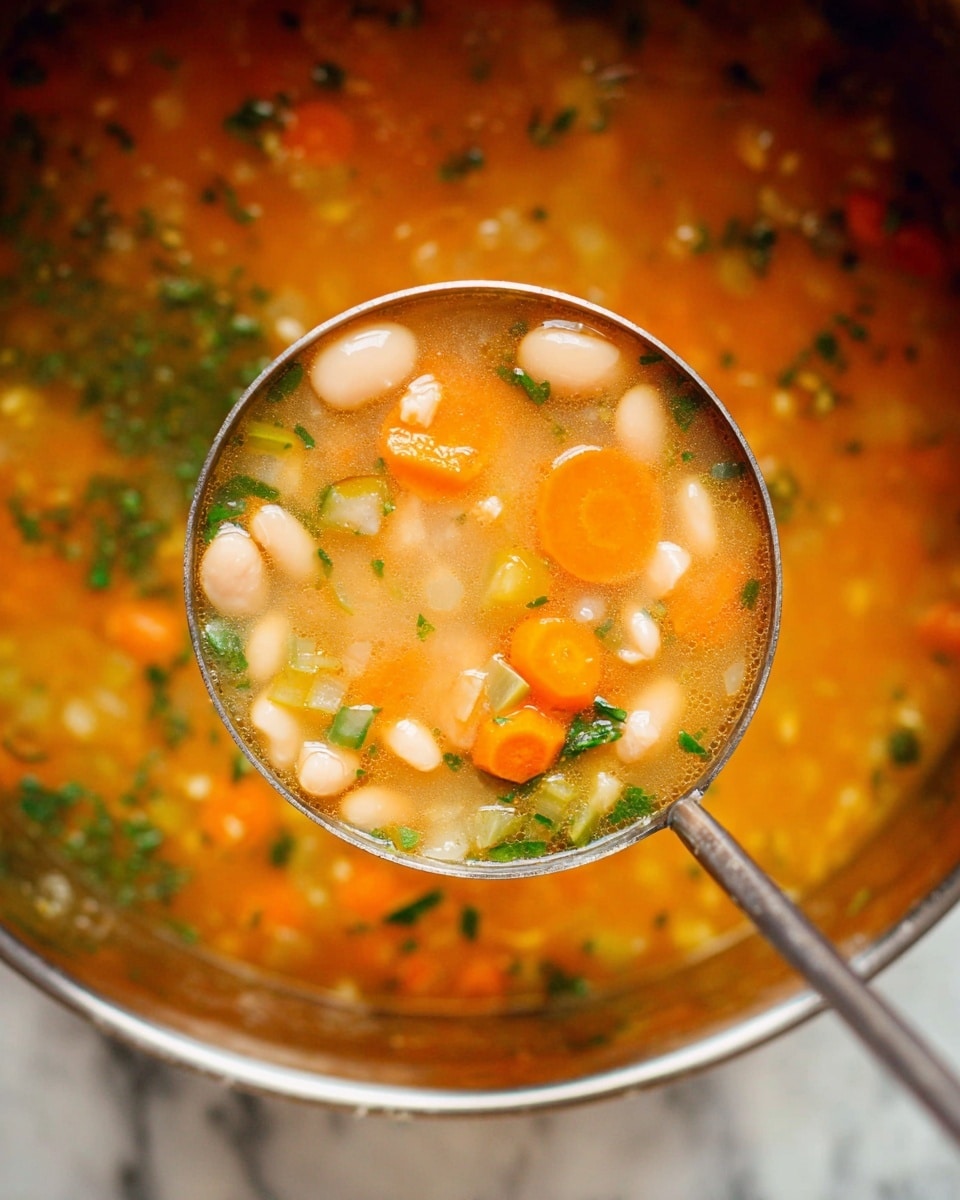 A close-up view of a ladle filled with vegetable soup, held above a pot of the same soup. The soup has layers of small white beans, round slices of bright orange carrot, celery pieces, and green herb bits floating in a light orange, slightly thick broth. The vegetables and beans create a softly textured mix, with the green herbs scattered evenly. The ladle is metal with a long handle, and the background shows more of the soup, sitting in a pot with a shiny metallic edge, all placed on a white marbled surface photo taken with an iphone --ar 4:5 --v 7