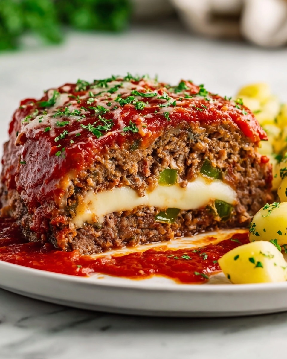 This image shows a close up of a slice of lasagna with four clear layers. The bottom layer is a thick layer of red tomato sauce with some sauce spilling around the base. Above that is a layer of cooked ground meat mixed with herbs and small pieces of green vegetables. Next is a thick layer of melted white cheese that stretches and pulls apart as the slice is lifted. The top layer is both gooey melted cheese with a light golden-brown color and green chopped herbs sprinkled on top. The dish sits on a shiny white marbled surface, and the background is a soft dark blurred color. photo taken with an iphone --ar 4:5 --v 7