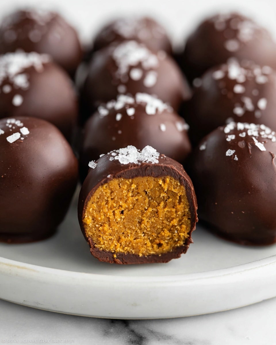 The image shows three round balls on a white plate with a decorative rim, set on a white marbled surface. The front ball is cut in half, revealing a dense, smooth, light brown inside layer. Each ball is coated with a glossy dark brown chocolate layer that has a slightly textured appearance. On top of each ball, there are small flakes of white salt sprinkled for decoration. The background is softly blurred with a clean white tone, keeping the focus on the plate of balls. Photo taken with an iphone --ar 4:5 --v 7