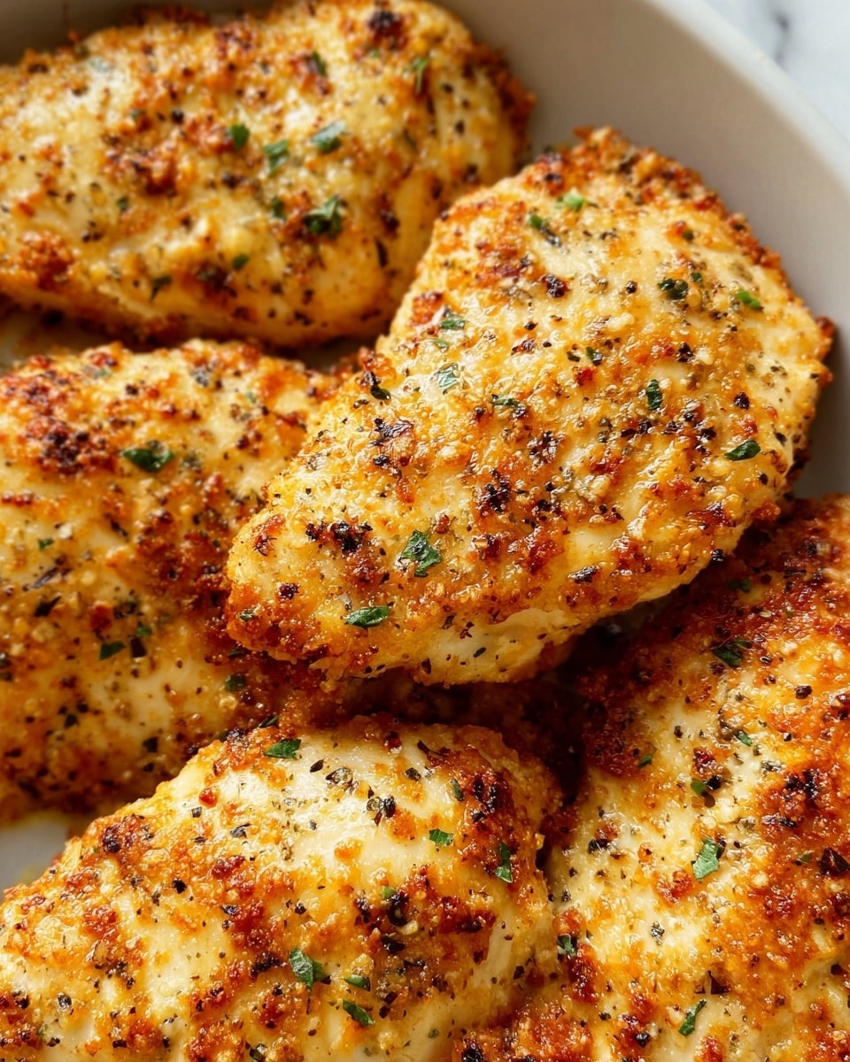 The image shows several pieces of baked chicken with a golden brown, crispy crust that looks slightly crunchy with small green herb bits sprinkled on top. The chicken pieces are arranged close together in a white dish on a white marbled surface. The crust has a mix of light golden and darker brown spots, showing a perfectly cooked texture with some shiny oil glistening on the surface. The overall look is warm and appetizing. photo taken with an iphone --ar 4:5 --v 7
