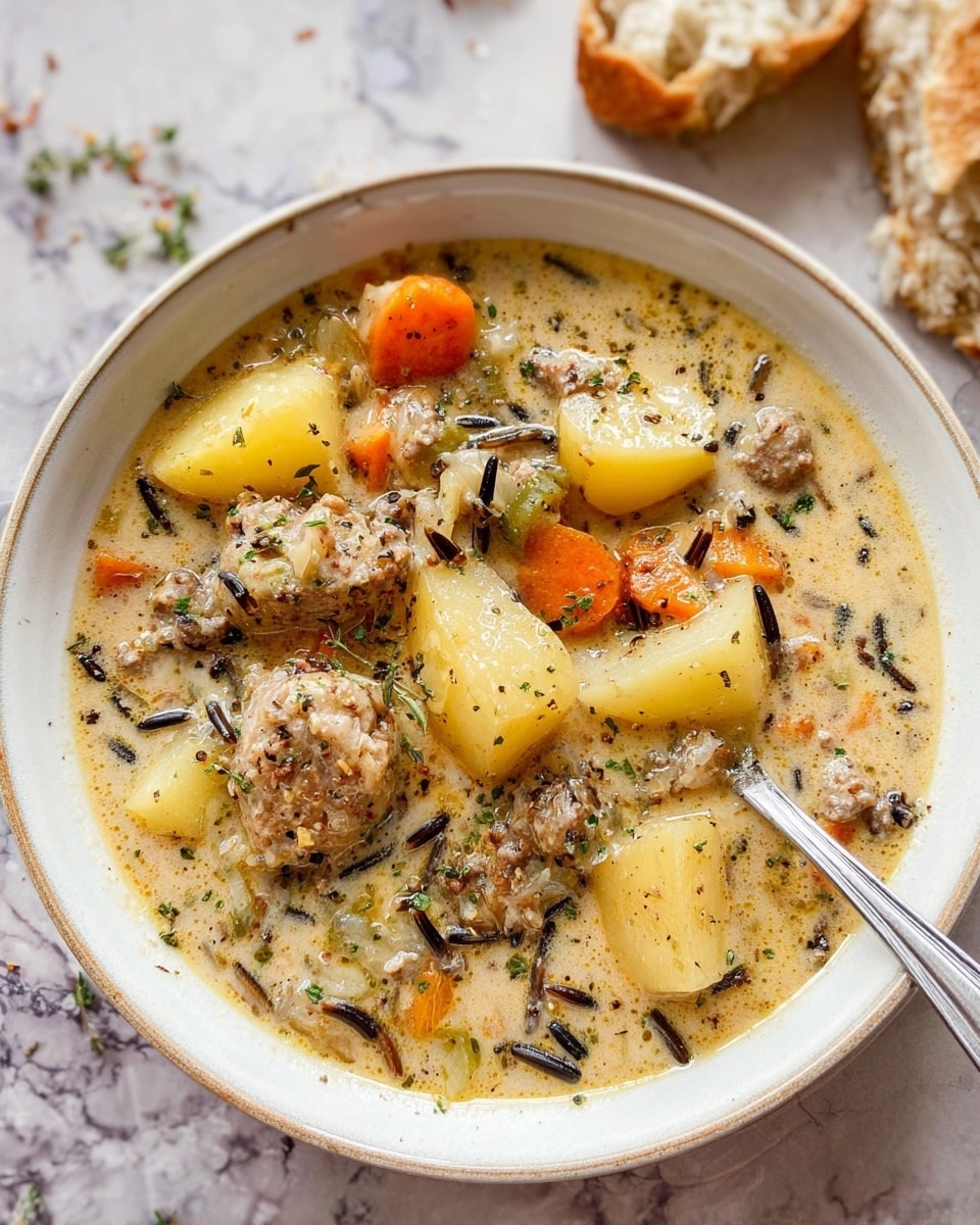 A close-up view of a creamy soup in a black pot filled with various ingredients: chunks of tender meat, yellow potato pieces, small orange carrot bits, and long wild rice grains. The soup has a thick, smooth beige base with flecks of black pepper and small green herb sprinkles on top. A silver spoon is dipped into the soup, slightly stirring the contents, showing the rich texture and blend of colors. The pot rests on a wooden surface with a white marbled textured background photo taken with an iphone --ar 4:5 --v 7