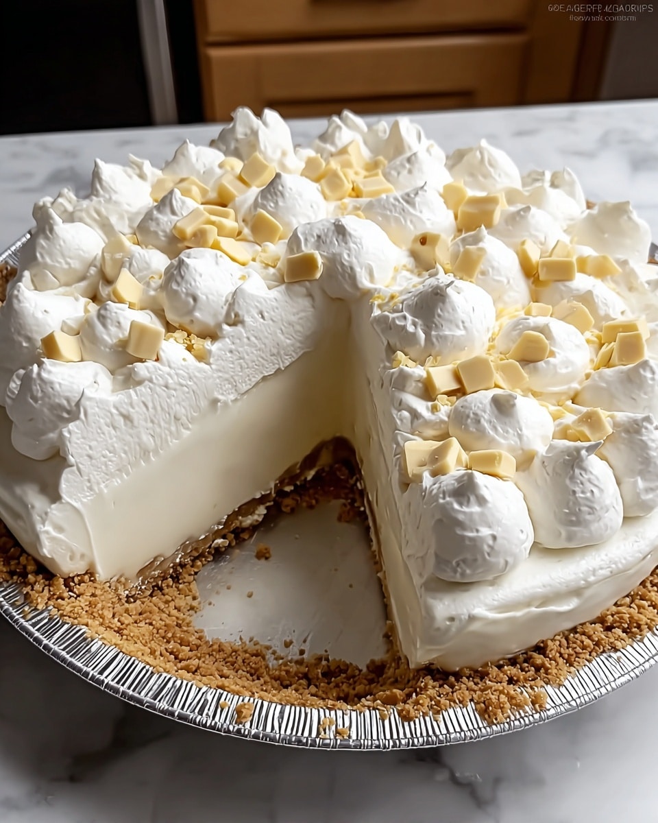 The image shows a pie with three visible layers placed in a white marbled background setting. The bottom layer is a light brown crumb crust, forming a rough edge around the pie. The middle layer is thick and smooth, white and creamy, filling the majority of the pie's height. The top layer is white whipped cream with large dollops arranged around the edges and scattered small dollops in the center. Mixed in between these dollops are tiny, pale yellow square pieces. A large slice is missing from the pie, revealing all layers clearly. The pie is in a silver pie tin. Photo taken with an iphone --ar 4:5 --v 7