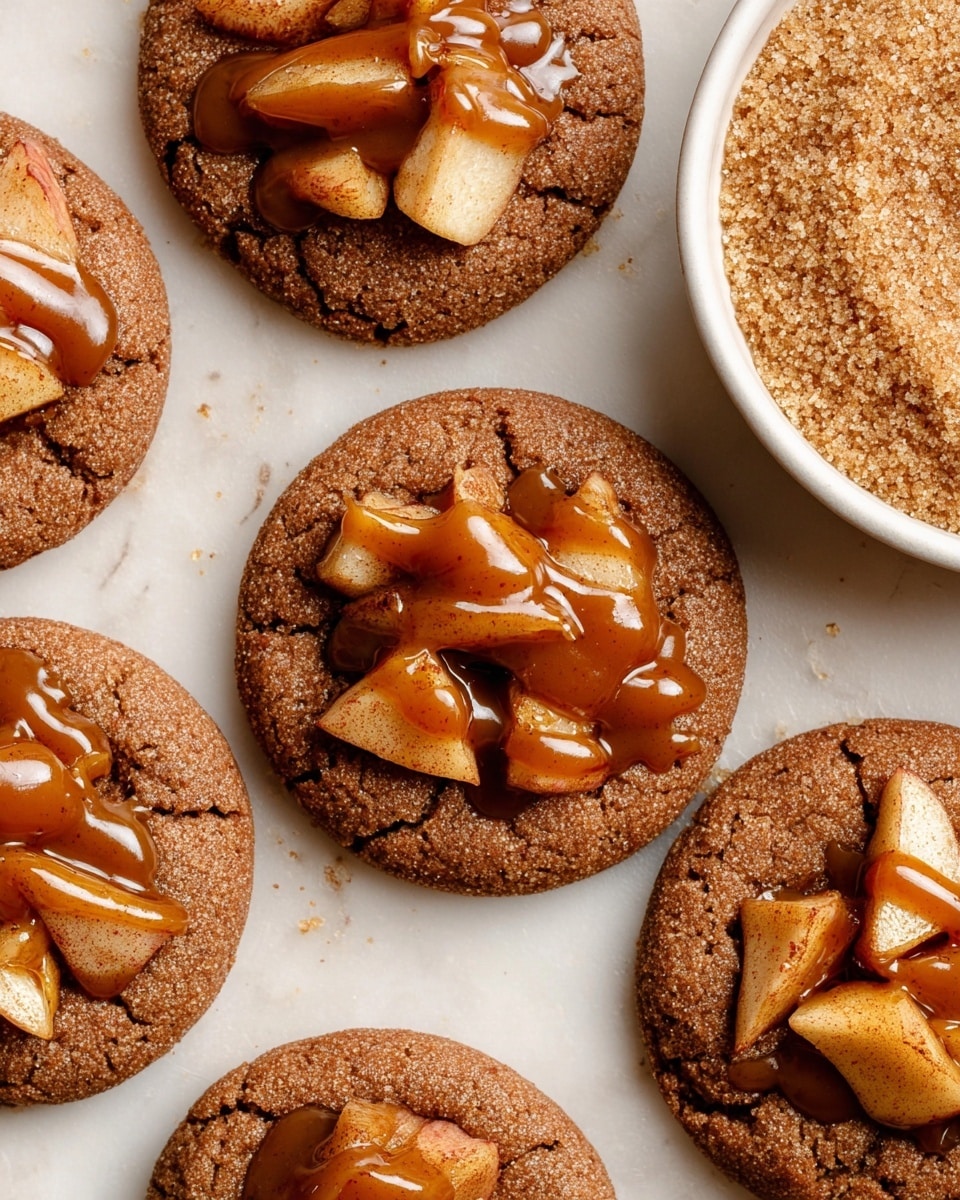 The image shows several round brown cookies with a cracked texture, each topped with a small pile of cooked apple slices that look soft and slightly caramelized, covered with a shiny caramel-colored sauce drizzled over both the cookies and apple slices. The cookies are resting on a white marbled surface and to the upper right is a white bowl filled with a granulated light brown sugar mixture. The composition is close-up, focusing on the top view of the cookies. photo taken with an iphone --ar 4:5 --v 7