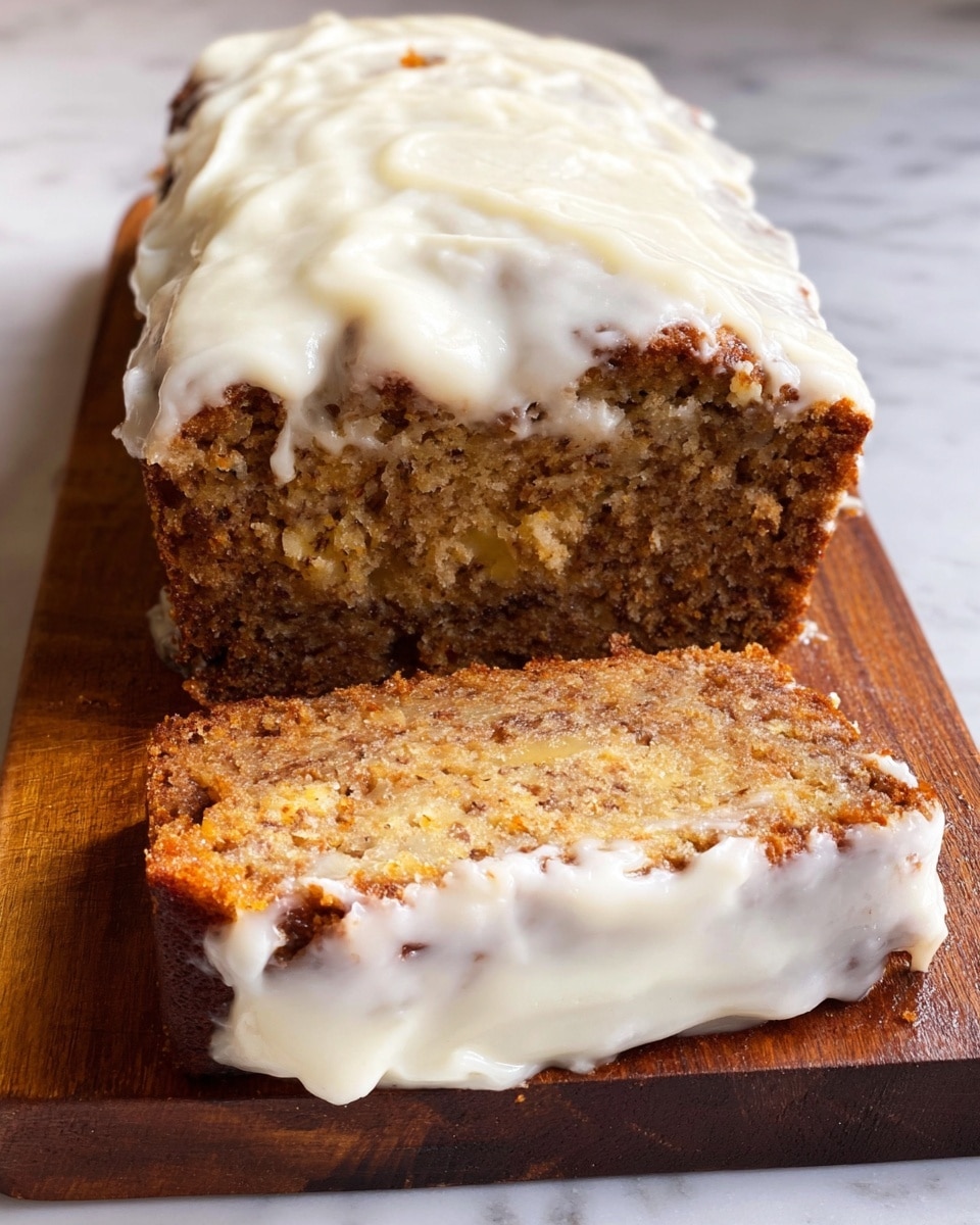 A loaf shaped cake with two main layers is shown on a wooden board over a white marbled surface. The bottom layer is a moist, chunky texture with a golden brown color, showing bits of banana and small pieces within it. The top layer is a thick spread of smooth, creamy white frosting covering the entire surface and dripping slightly down the edges. One thick slice has been cut from the loaf and sits in front, revealing the inside texture and some frosting on the cut side. The photo taken with an iphone --ar 4:5 --v 7