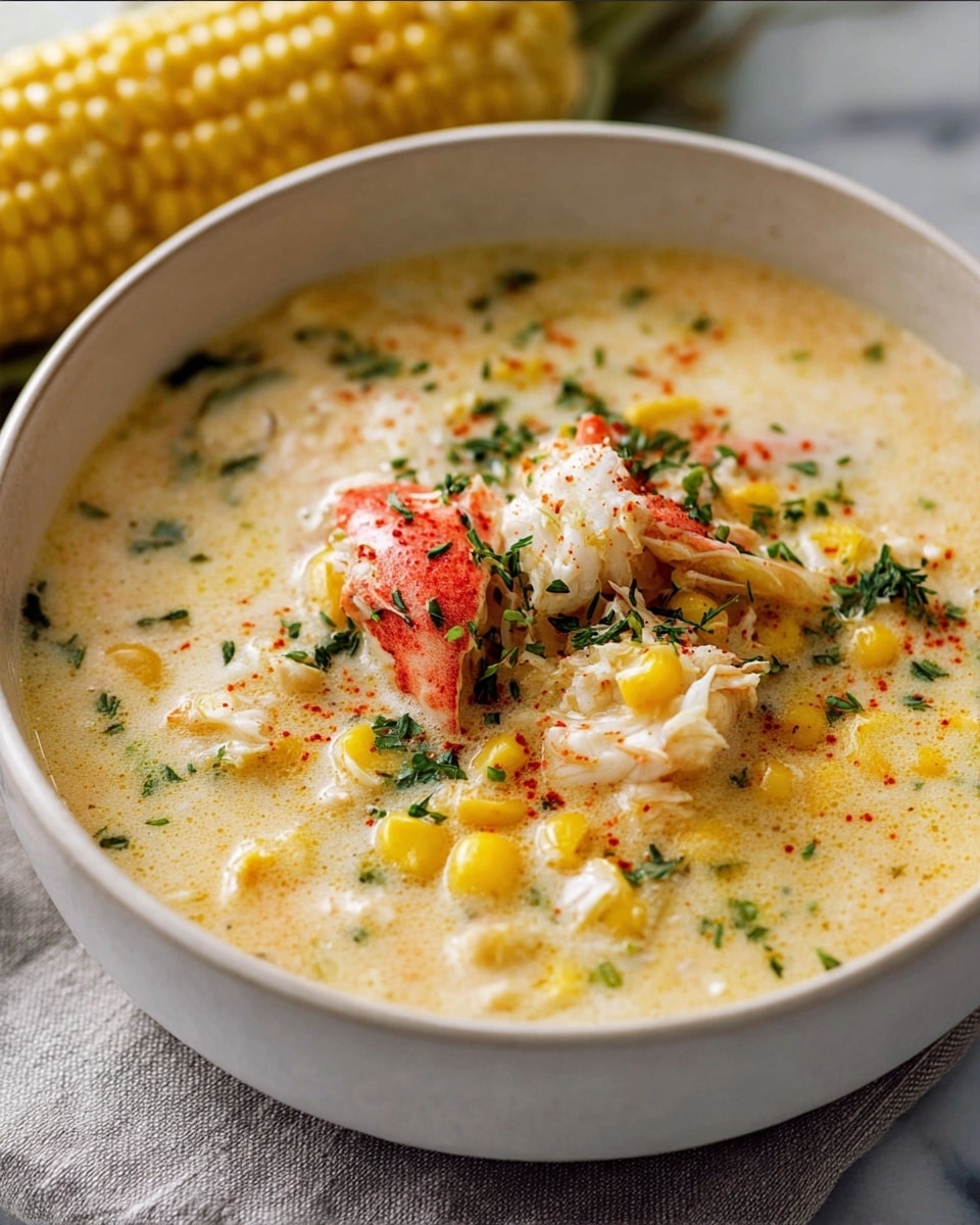 The image shows a white bowl filled with creamy yellow soup that has a smooth yet chunky texture, with visible pieces of bright yellow corn and white crab meat layered inside. On the top layer, there are chunks of white crab meat mixed with some red crab shell parts, sprinkled with finely chopped green herbs and a light dusting of reddish seasoning. The bowl is placed on a wooden board, with an ear of corn blurred in the background on a white marbled surface. The lighting highlights the rich, creamy texture and the bright colors of the corn and crab meat, making the dish look warm and inviting. photo taken with an iphone --ar 4:5 --v 7