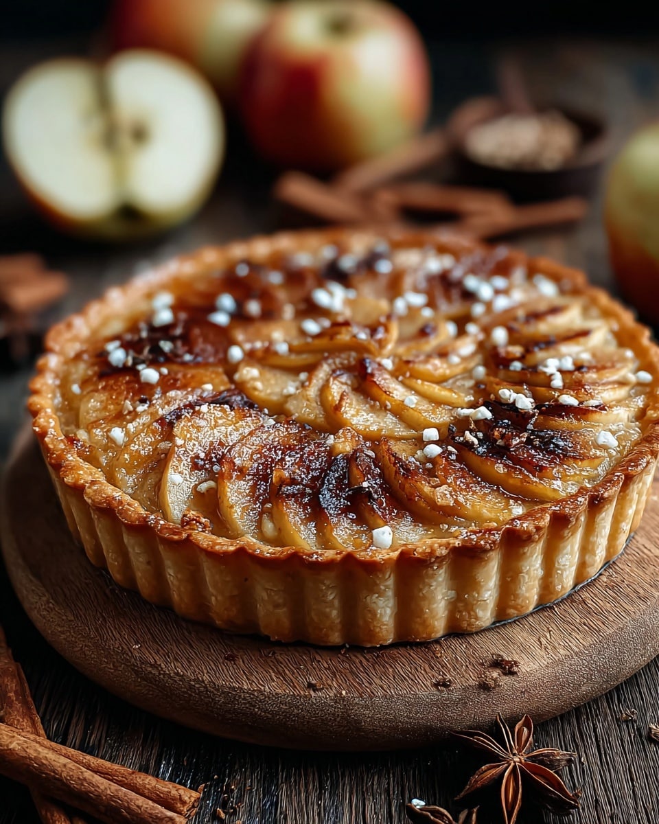 The image shows a round tart with a golden-brown crust that has straight, fluted edges. The top layer is a caramelized, dark golden-brown surface with small bits of white cheese or cream peeking through. The tart is decorated with a few small green herb sprigs on top. It rests on a wooden board with a rough texture. In the blurry background, there are blurred green apples and cinnamon sticks on a white marbled surface. Photo taken with an iphone --ar 4:5 --v 7
