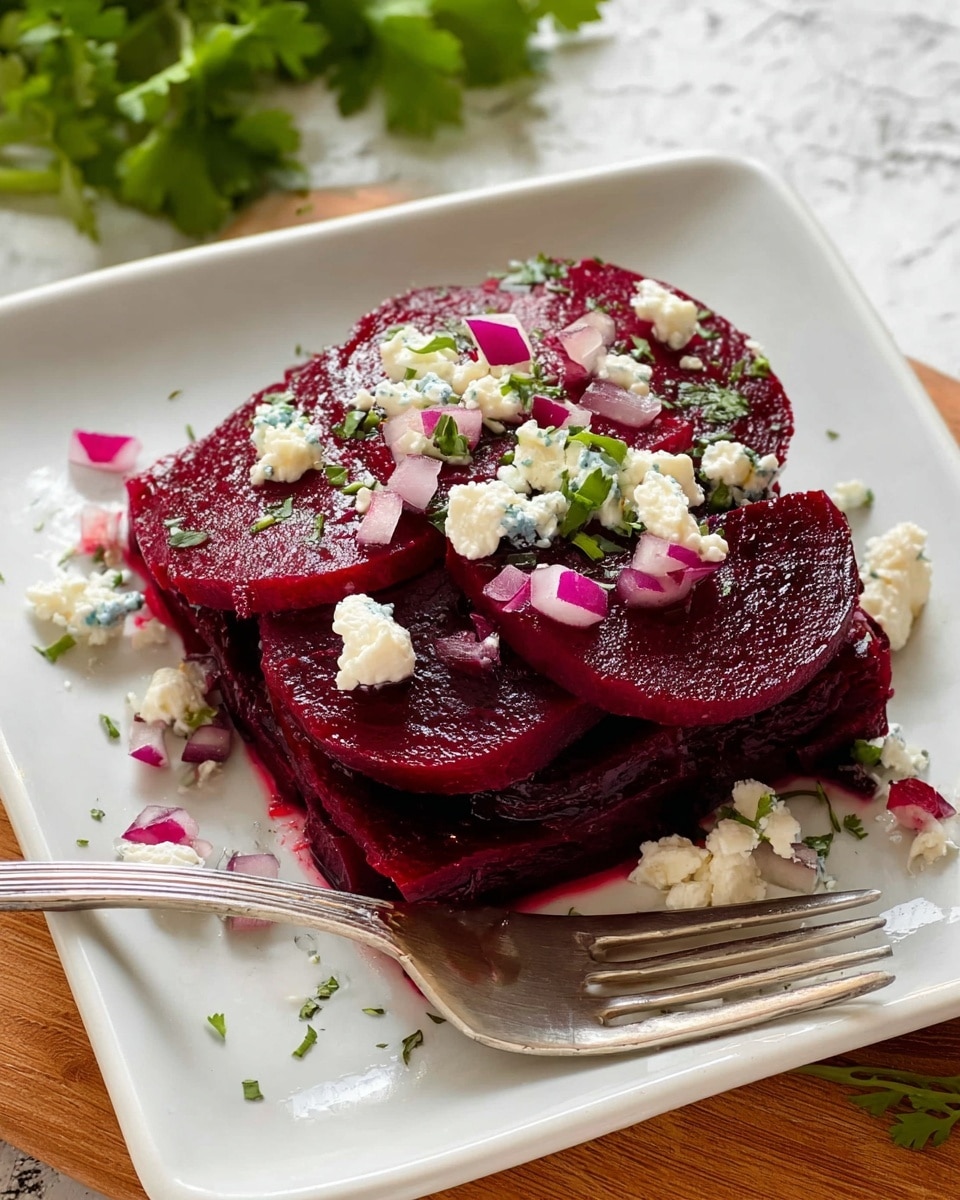 The image shows a white square plate filled with thick round slices of deep red beetroot arranged in layers, topped with small white crumbles of cheese and small pieces of purple-red onion scattered evenly on top. Bright green small herb leaves are sprinkled for garnish. A silver fork is resting on the side of the plate with its tines touching the beetroot. The plate is set on a wooden surface next to some fresh green herb leaves, and the background has a white marbled texture. photo taken with an iphone --ar 4:5 --v 7