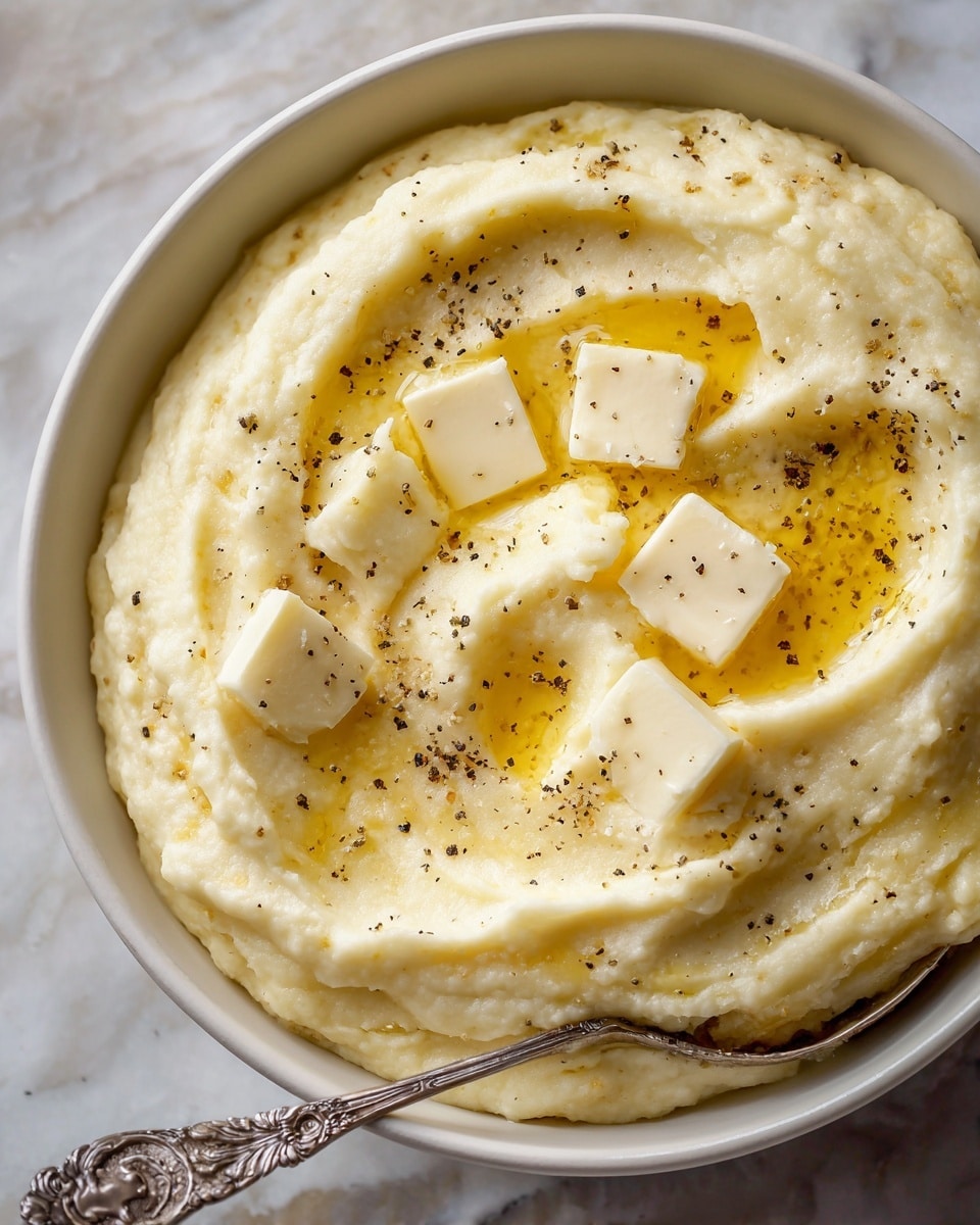 A round bowl filled with creamy mashed potatoes swirled smooth with three melting squares of butter on top, sprinkled with black pepper. The bowl is on a white plate with a raised decorative pattern, placed on a white marbled surface with a folded beige cloth to the side. A silver spoon with an ornate handle rests inside the bowl near the edge. In the background, there is a small white pitcher of cream and a small terracotta dish with grated cheese. The lighting is soft and natural. photo taken with an iphone --ar 4:5 --v 7
