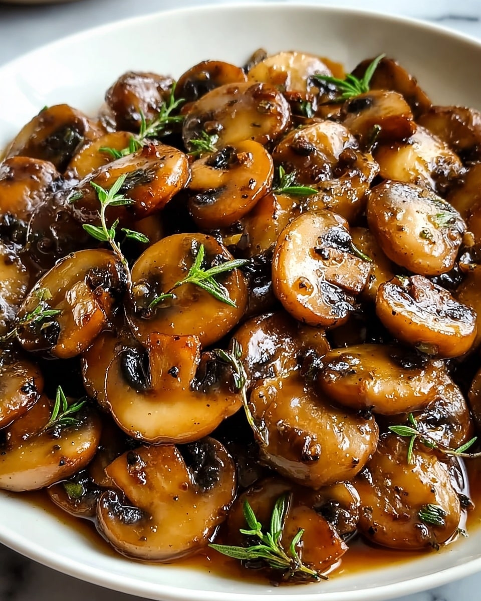This image shows a white bowl full of cooked mushrooms. The mushrooms are sliced and whole, showing a mix of light brown and dark brown colors with a shiny and moist texture from being cooked. Small green rosemary sprigs and thyme leaves are scattered on top, adding a fresh look. The mushrooms have a slightly caramelized surface with black pepper specks visible. The bowl sits on a white marbled surface. photo taken with an iphone --ar 4:5 --v 7