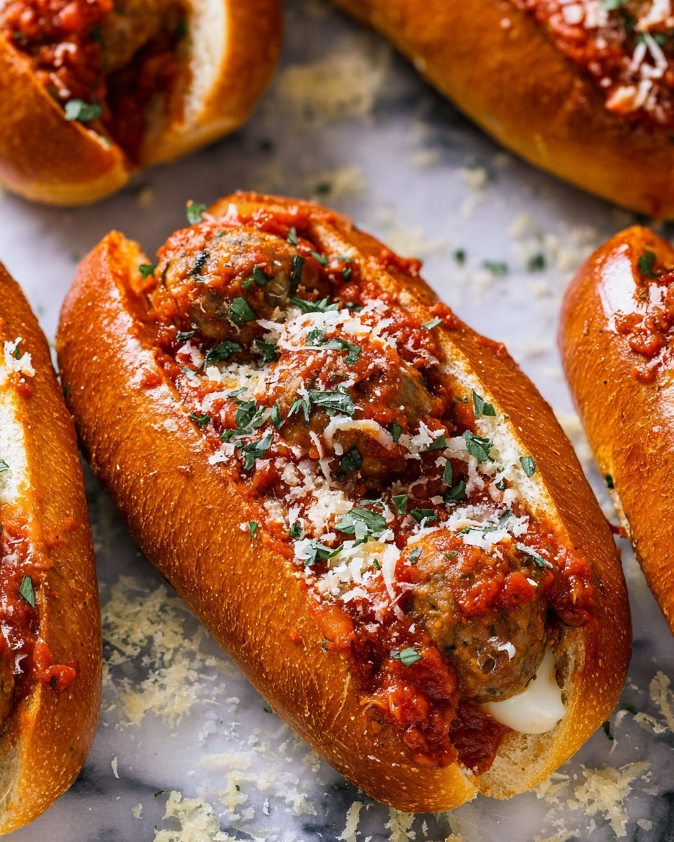 The image shows close-up views of several meatball sandwiches on shiny, toasted golden brown hoagie rolls. Each sandwich has three round, browned meatballs inside, covered with a chunky red tomato sauce sprinkled with small bits of green herbs. Melted white cheese is layered beneath the meatballs, peeking slightly from the sides. Finely grated white cheese is scattered on top, adding texture and contrast. The sandwiches rest on a white marbled surface with more grated cheese around them. photo taken with an iphone --ar 4:5 --v 7