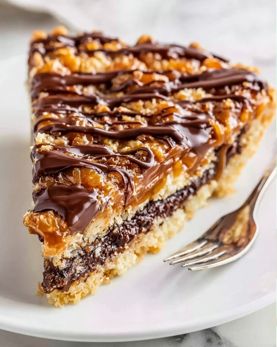A single slice of pie rests on a white plate set on a white marbled surface, with a silver fork near it. The pie has three clear layers: a light golden crumbly base, a thick middle filling of dark brown chocolate, and a top layer of golden brown caramel mixed with nuts. The top is decorated with thick, uneven dark chocolate stripes drizzled across. The textures range from crumbly at the base, smooth and dense in the middle, to sticky and nutty on top. Photo taken with an iphone --ar 4:5 --v 7