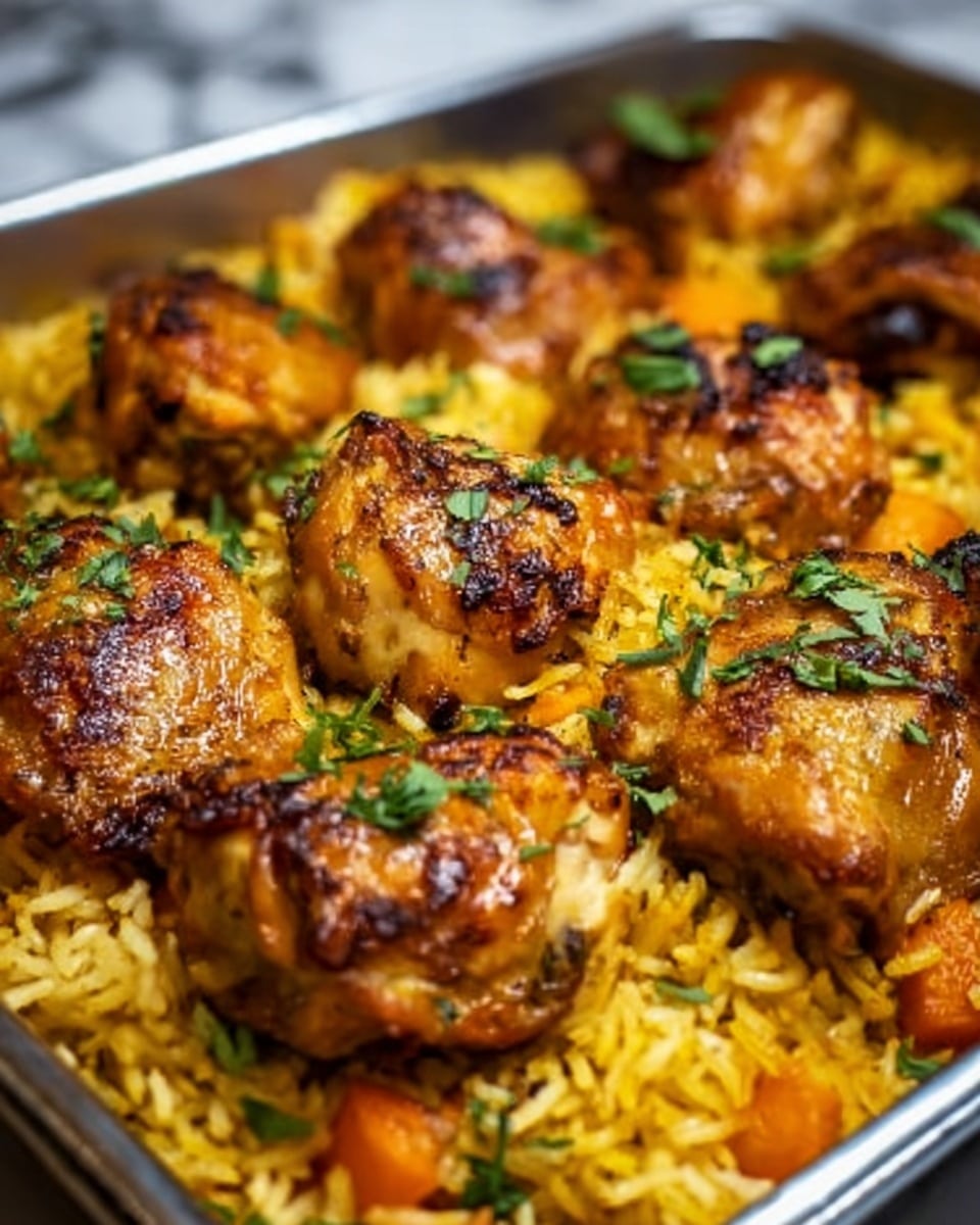 The image shows a close-up of a dish with several pieces of golden-brown cooked chicken placed on top of a bed of yellow rice mixed with small orange pieces, likely vegetables. The chicken pieces have a slightly crispy texture and are garnished with small green herb leaves scattered over the dish. The food is in a metal tray sitting on a white marbled surface. The photo taken with an iphone --ar 4:5 --v 7