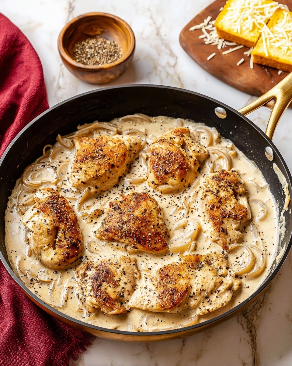 A close-up image shows a dark pan filled with three cooked chicken pieces covered by a creamy light beige sauce with visible black pepper specks. A silver spoon held above the pan is pouring the same sauce onto the middle chicken piece, creating a smooth, thick texture on top of the browned, slightly spiced chicken with a crisp outer layer. The creamy sauce also contains small pieces of sautéed onions, adding texture, all set against a white marbled background. Photo taken with an iphone --ar 4:5 --v 7