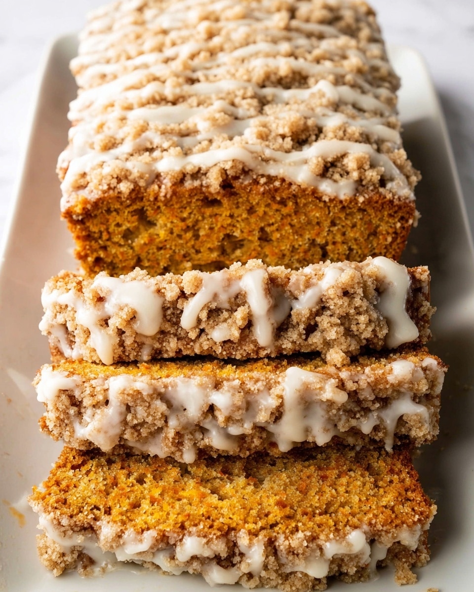 The image shows a loaf cake with two layers visible: the bottom layer is a moist, dense orange-brown cake with a soft texture and small air holes, while the top layer is thick with a crumbly streusel topping that is light beige and textured with small clumps and crumbs. Drizzled over the top is a creamy, light tan glaze that creates thin, uneven lines across the streusel. The cake is placed on a white plate, set on a white marbled surface, and part of a slice is separated in front of the loaf. photo taken with an iphone --ar 4:5 --v 7