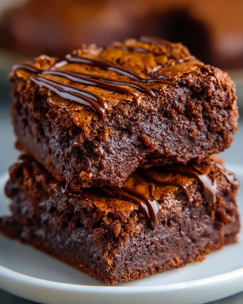 The image shows two thick, rich chocolate brownies stacked on a white plate, placed on a white marbled surface. Each brownie is dense with a moist texture, dark brown in color with slightly cracked tops. The top layer of the brownies has a shiny chocolate drizzle, creating thin dark lines across the surface. The close-up view highlights the fudgy inside and crisp edges of the brownies. Photo taken with an iphone --ar 4:5 --v 7