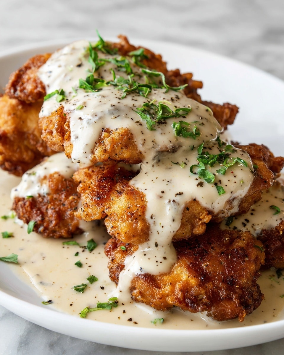 A white plate on a white marbled surface holds two layers of cooked meat with a light brown crust, covered by a thick layer of creamy white gravy sprinkled with black pepper and small green herb pieces. One meat layer is partially lifted to show the soft inside texture. On the side, there is a portion of mashed potatoes with a light yellow tint, garnished with a small green parsley sprig. A silver knife rests on the plate's edge. Photo taken with an iphone --ar 4:5 --v 7