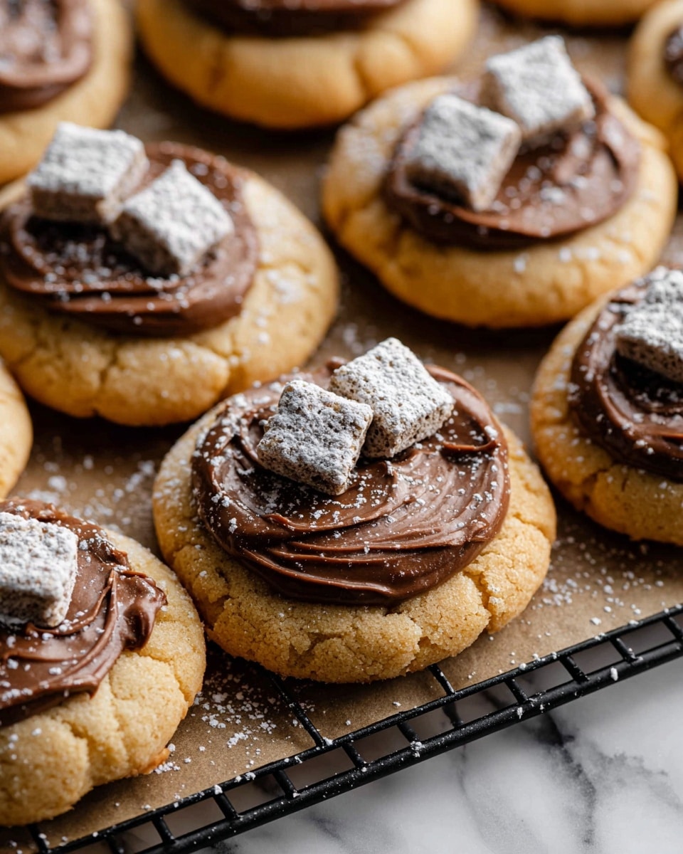 The image shows nine round cookies arranged in a grid on a black cooling rack. Each cookie has a golden-brown base with a slightly cracked texture. On top of each cookie is a smooth layer of thick, dark brown chocolate spread, swirled in a circular motion. Sitting in the center of the chocolate layer are three small, square cereal pieces coated in a light dusting of white sugar, giving a textured and powdery look. The background is a white marbled texture. photo taken with an iphone --ar 4:5 --v 7
