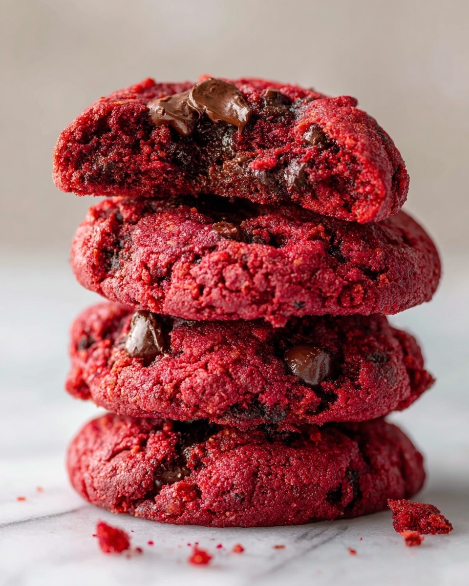 A stack of three red velvet cookies with visible dark brown chocolate chips mixed inside each cookie, showing a rough, slightly crinkled texture on the surface. The cookies are thick and dense, layered directly on top of each other on a white marbled surface with two other cookies blurred in the background. The rich red color of the cookies contrasts with the small patches of dark chocolate chips. photo taken with an iphone --ar 4:5 --v 7