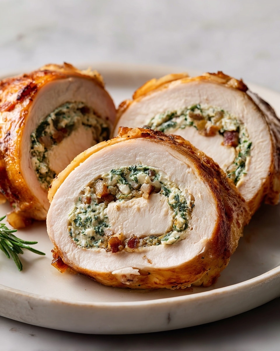 A close-up of a thick, golden-brown roasted chicken roll with a crispy outer skin sprinkled with black pepper and small green herb sprigs on top. Inside the chicken, there is a creamy, textured filling with visible bits of green herbs, creating a light yellow and green color contrast against the white cooked meat. The chicken roll rests in a dark pan with some juices pooling around it, and the blurred background shows a white marbled surface. photo taken with an iphone --ar 4:5 --v 7