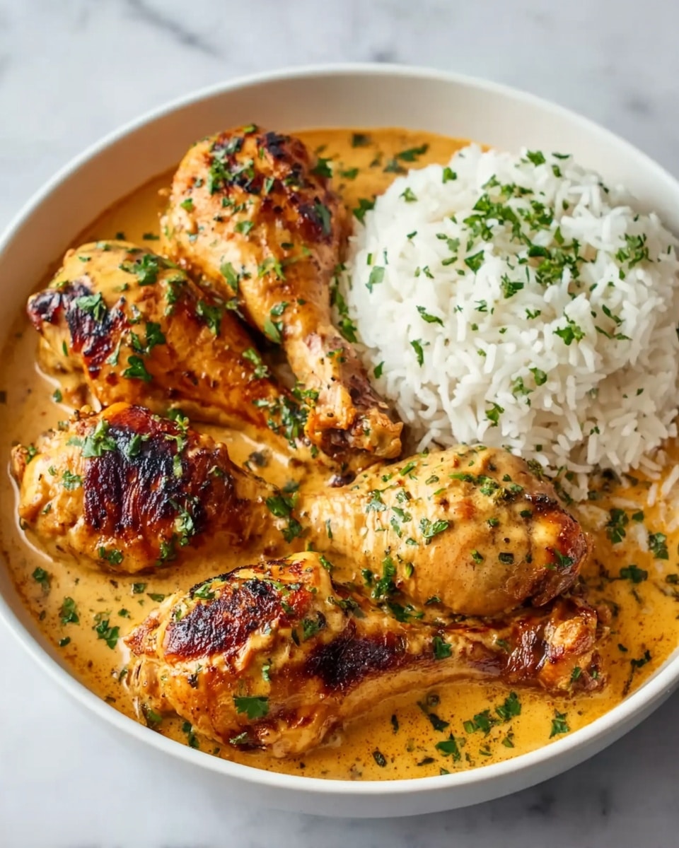 Creamy Paprika Chicken Drumsticks with Steamed Rice Recipe - Recipe Image