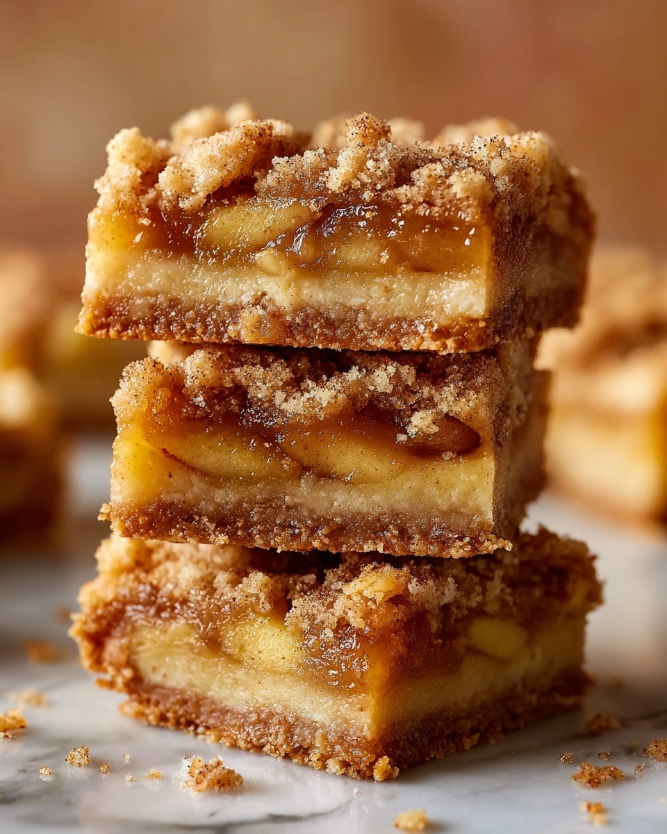 A stack of three square apple dessert bars is shown up close, each bar has three layers: a crumbly, light brown top sprinkled with cinnamon, a middle gooey layer with visible soft apple slices in golden syrup, and a firm, dense crust at the bottom in a slightly darker brown shade. The edges of each bar are rough with crumbs falling off. The background is blurred with soft warm tones and a white marbled surface under the bars. The lighting highlights the texture and shine of the apple filling. Photo taken with an iphone --ar 4:5 --v 7