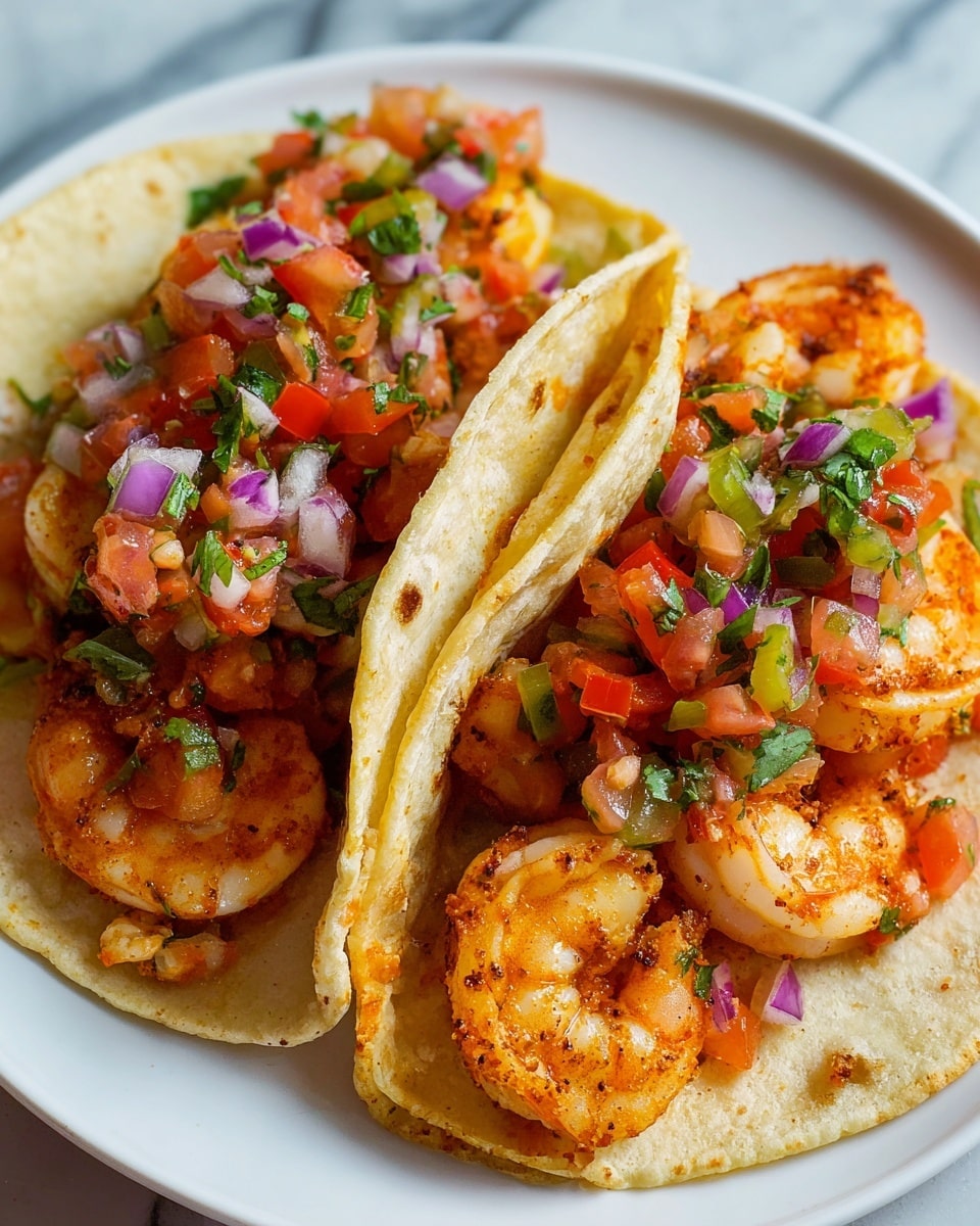 A white soft taco folded in half with two visible layers: the outer layer is a soft white tortilla showing slight browning spots, inside, there is a layer of cooked shrimp coated with reddish seasoning giving a slightly shiny texture and an inner layer of fresh vegetable salsa with colorful diced tomatoes, orange carrots, green peppers, red onions, and cilantro visible behind the shrimp. The taco rests on a white marbled surface photo taken with an iphone --ar 4:5 --v 7