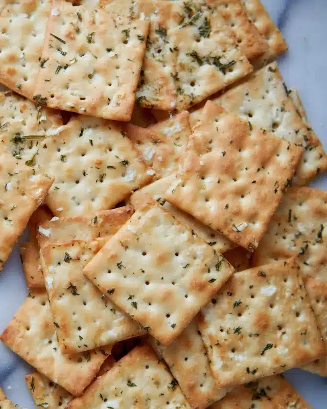 The image shows a white oval plate filled with several square crackers that are light golden with green herb flakes evenly scattered on top. The crackers have a slightly rough texture with tiny holes arranged in a grid pattern on each piece. Around the plate, there are more crackers spread out on a surface with a white marbled texture. The crackers' color ranges from pale to light golden with some brown spots, giving a toasted look. In the background, there is a blurred glass jar with a golden-brown liquid. Photo taken with an iphone --ar 4:5 --v 7