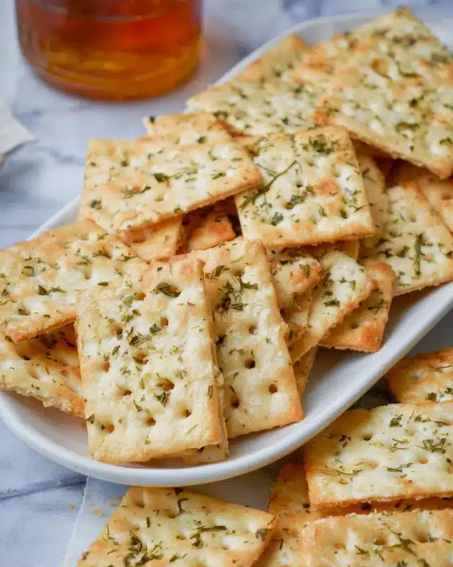 The image shows many square crackers with a light golden brown color, each having small holes evenly spread out. The crackers have a slightly rough texture and are sprinkled with dried green herbs on their surfaces. They lie scattered on a white marbled surface, overlapping each other in layers. The crackers have an irregular toasted pattern with some darker brown spots and small white patches on the edges and center areas, giving them a baked look. photo taken with an iphone --ar 4:5 --v 7