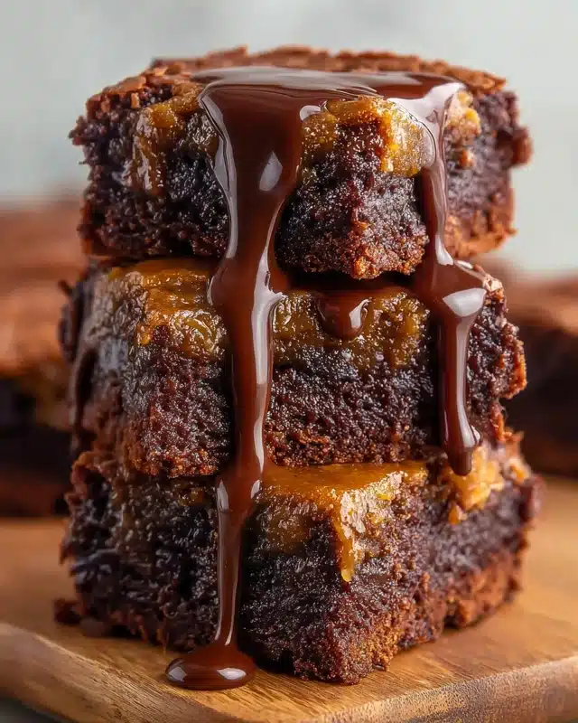 A close-up image showing three stacked chocolate brownies on a wooden board, each brownie having a rich, dark brown bottom layer with a soft, moist, textured look, topped by a lighter brown, slightly shiny caramel-like layer; thick dark chocolate sauce is slowly dripping down the sides from the top brownie, creating a glossy contrast on the warm tones of the brownies, all set against a soft focus white marbled texture background. photo taken with an iphone --ar 4:5 --v 7