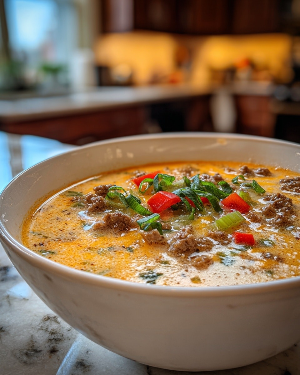 A white bowl filled with creamy soup shows several layers: the base is light orange with small bubbles and specks, then scattered bits of brown ground meat, bright orange-yellow melted cheese, small green celery chunks, red bell pepper pieces, and green strips of fresh herbs on top. The bowl sits on a white marbled surface, with a blurred kitchen background that has warm brown cabinets and soft natural light. The soup's surface is shiny and textured, with visible steam. photo taken with an iphone --ar 4:5 --v 7