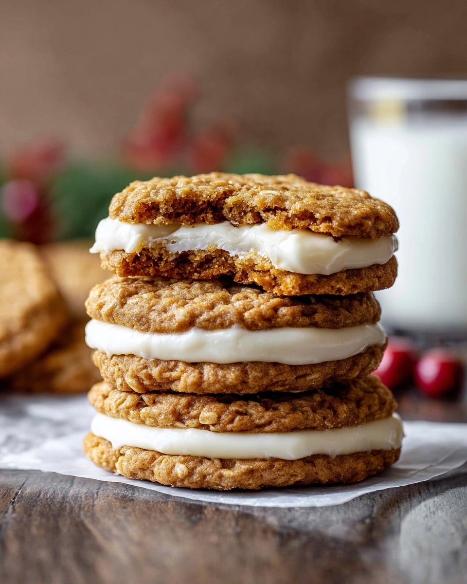 A close-up view of a stack of three sandwich cookies, each made of two rough-textured, golden brown oatmeal cookie layers with a thick, smooth, creamy white filling layer in between. The stack sits on crumpled white paper on a white marbled surface, with a blurred glass of milk in the background. The cookies have a slightly crispy, bumpy surface, and the cream filling looks soft and dense, evenly spread but slightly thick in some places. photo taken with an iphone --ar 4:5 --v 7
