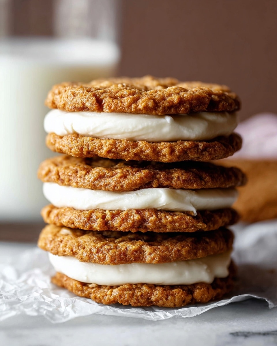 A close-up view of a stack of three oatmeal sandwich cookies on a dark wooden surface with a white marbled texture background. Each sandwich cookie has two rough-textured, golden-brown oatmeal cookies with a thick, smooth, white creamy filling layer between them. The top cookie is slightly broken, showing the soft filling inside clearly. The stack rests on a piece of white paper. In the background, there is a blurred glass of milk and some red berries. Photo taken with an iphone --ar 4:5 --v 7