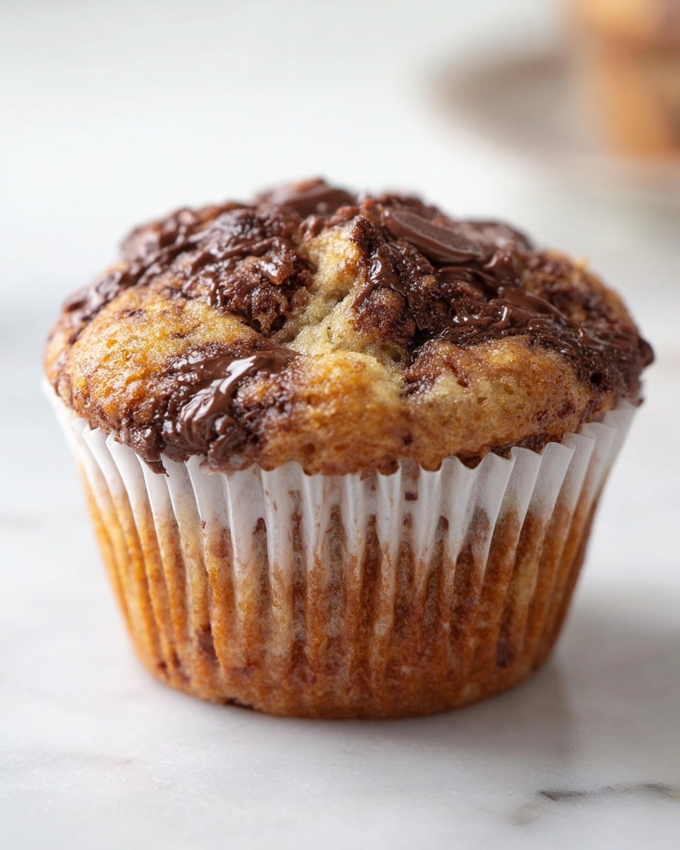 The image shows a close-up of a partially eaten muffin with a soft, light brown inside filled with small dark chocolate chunks. The top layer is a smooth, thick, dark brown chocolate spread that looks shiny, slightly melting into the muffin’s surface. The muffin sits in a white paper cup that is pulled away and slightly crumpled. In the blurry background, there is another whole muffin and a white bowl filled with more chocolate spread. All items rest on a white marbled surface. Photo taken with an iphone --ar 4:5 --v 7