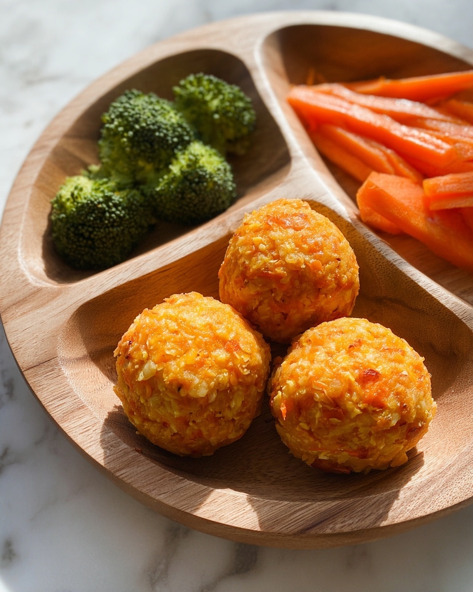 The image shows a round wooden tray with three sections, placed on a white marbled surface. The largest section holds five orange, round balls with a rough, textured surface, made from finely chopped ingredients. One smaller section contains bright green broccoli florets with a slightly shiny, cooked texture. The other small section is filled with thin orange carrot sticks sprinkled lightly with black pepper, showing a slightly soft texture. The overall setup is simple, natural, and colorful, with distinct layers of green, orange, and wood tones. photo taken with an iphone --ar 4:5 --v 7