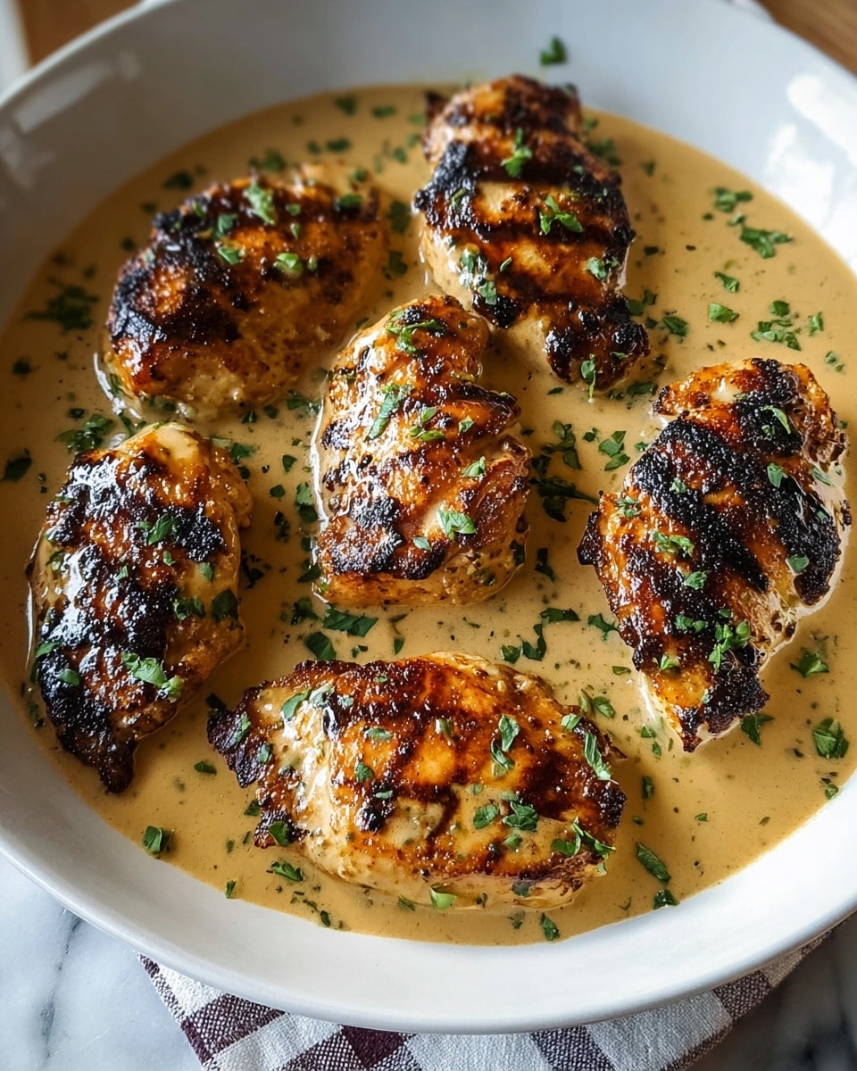 The image shows five browned pieces of cooked chicken lying in a smooth, creamy mustard-colored sauce that spreads evenly on the bottom of a white bowl. Each piece of chicken has a shiny, slightly charred texture with visible black pepper specks and is sprinkled with small green herb leaves. The sauce has a few flecks of black pepper and scattered green herbs, adding visual contrast. The white bowl sits on a white marbled surface, with natural light highlighting the glossy textures and warm colors. photo taken with an iphone --ar 4:5 --v 7