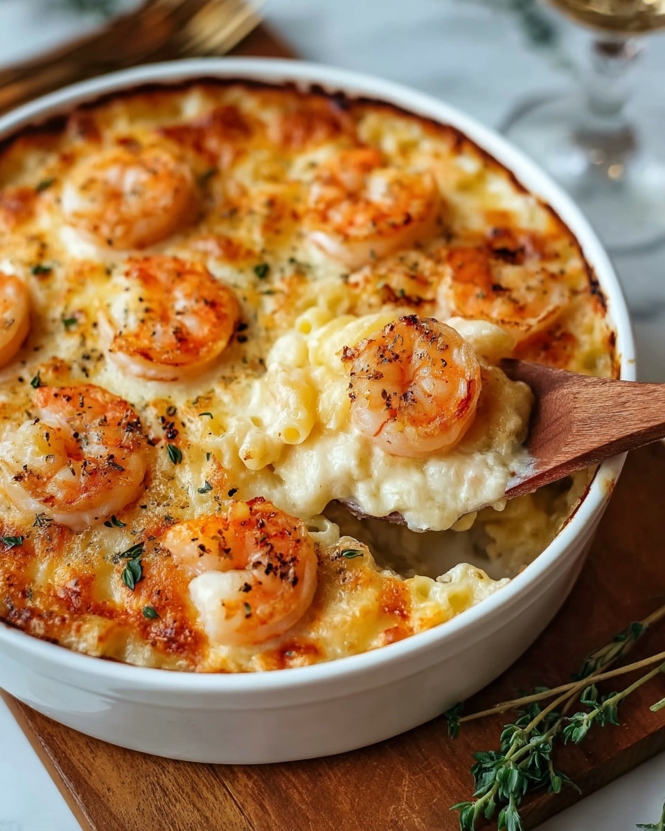 A round white ceramic dish filled with a creamy baked shrimp casserole. The top layer is golden brown with small herbs sprinkled across it, showing bubbly melted cheese that looks slightly toasted. On the top, there are evenly spaced cooked shrimp, orange-pink in color with grill marks, placed over the cheese. A small green herb sprig lies on the surface for decoration. The dish is placed on a wooden board with a white marbled background visible around it. Photo taken with an iphone --ar 4:5 --v 7
