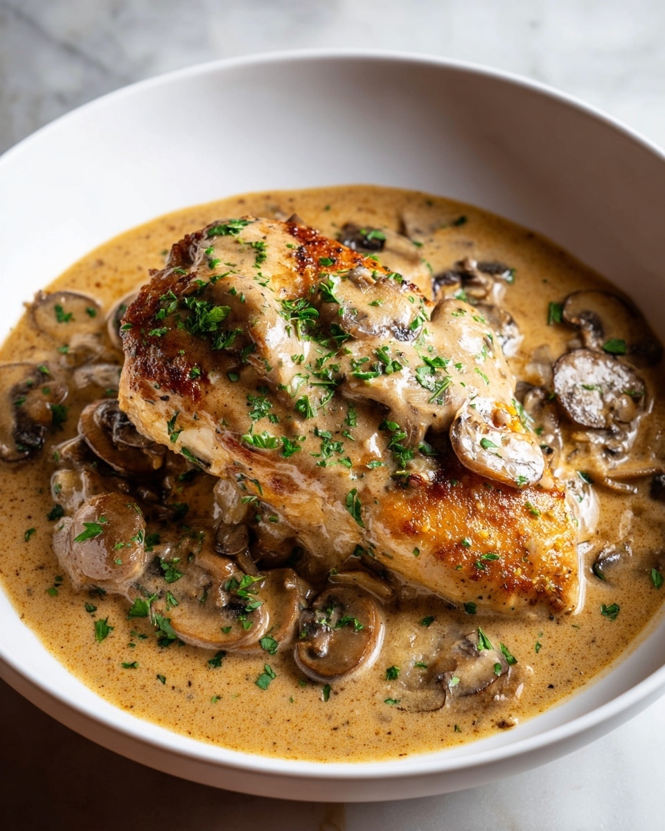 A large piece of browned cooked chicken sits in the middle of a white bowl, covered by a thick light brown creamy sauce with visible small black pepper specks. The sauce contains sliced mushrooms that are light brown with darker edges, spread around and partly over the chicken. Fresh chopped green herbs are sprinkled evenly on top of the chicken and sauce, adding a touch of color. The bowl is placed on a white marbled surface. photo taken with an iphone --ar 4:5 --v 7
