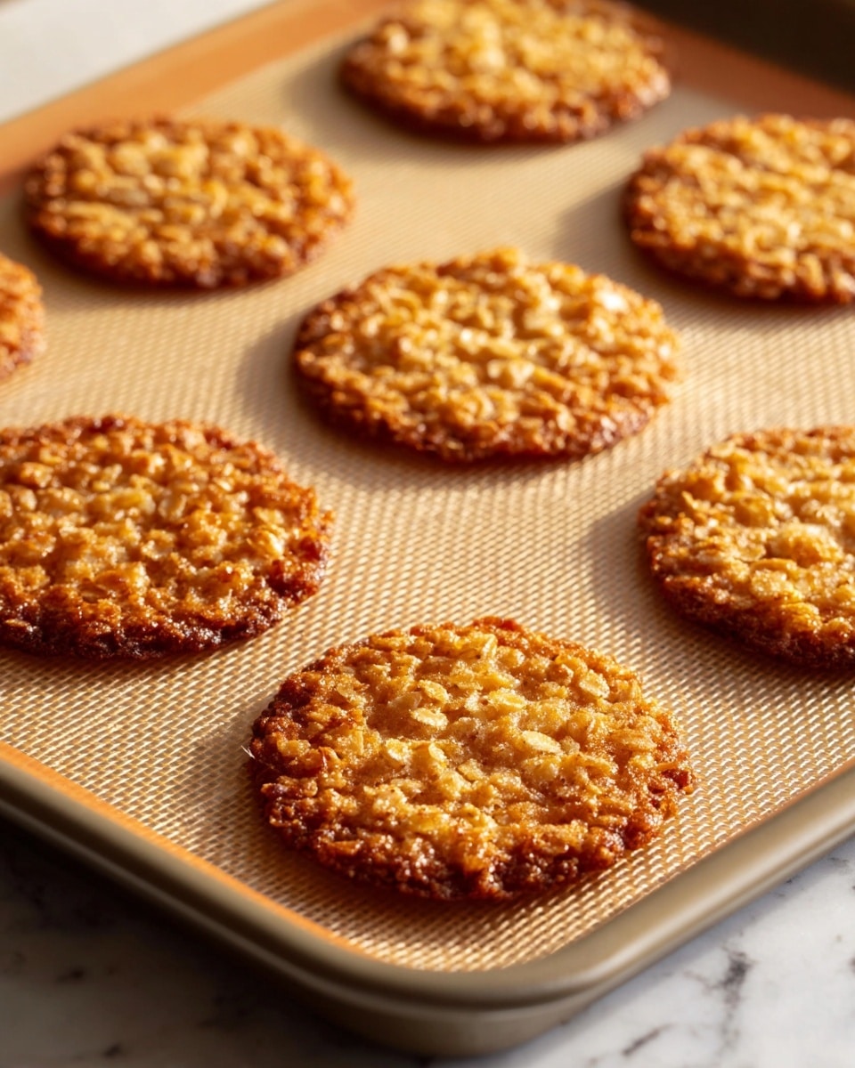 The image shows a close-up of eight golden-brown oat cookies laid out on a beige silicone baking mat that covers a baking tray. Each cookie is round and thin, with a slightly uneven, textured surface made of oats and melted sugar. The cookies have a shiny, crispy look with areas that are a bit darker due to caramelization. The tray is placed on a white marbled surface, and soft natural light highlights the cookies' texture and warm color. Photo taken with an iphone --ar 4:5 --v 7