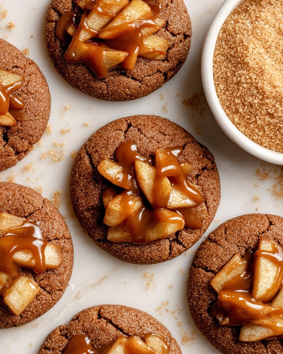 The image shows a close-up of three round cookies on a gold wire rack placed on a white marbled surface. Each cookie has a cracked light brown texture with a sprinkle of sugar on top. There are small slices of golden brown cooked apple arranged in the center of each cookie, covered with a shiny drizzle of amber caramel sauce that glistens under the light. The cookies look soft and slightly thick with a rough grainy texture, and the caramel drizzle adds a smooth, glossy contrast. Photo taken with an iphone --ar 4:5 --v 7