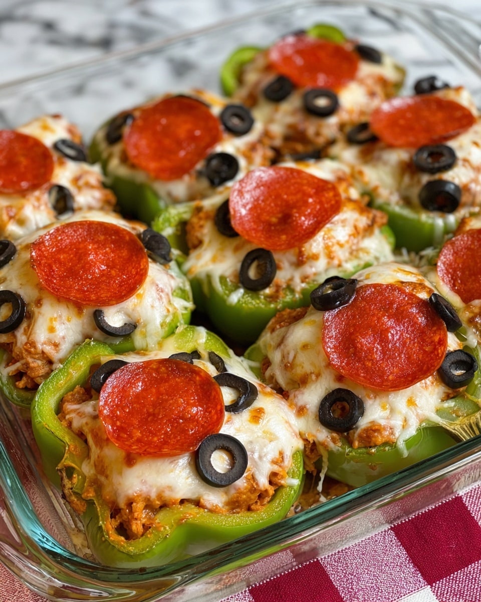 The dish shows green bell pepper halves used as a base layer, each filled with a cooked mixture that looks like ground chicken or turkey with a slightly orange color. On top of that is a thick layer of melted white cheese that covers the filling and spills over edges a little. The top layer has several shiny, round slices of bright red pepperoni evenly spaced on the cheese, along with black olive rings scattered over. This all sits inside a clear glass baking dish on a white marbled surface with a red and white checkered cloth under it. photo taken with an iphone --ar 4:5 --v 7