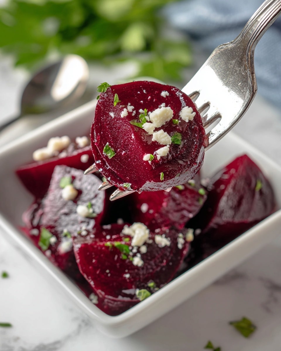 A close-up view of a shiny dark red beet slice on a silver fork, sprinkled with small white cheese crumbs and tiny green herb pieces, held in front of a white square bowl filled with more beet slices dressed with the same cheese and herbs; the scene is set on a white marbled surface with some green leaves blurred in the background and a small silver spoon beside the bowl; photo taken with an iphone --ar 4:5 --v 7