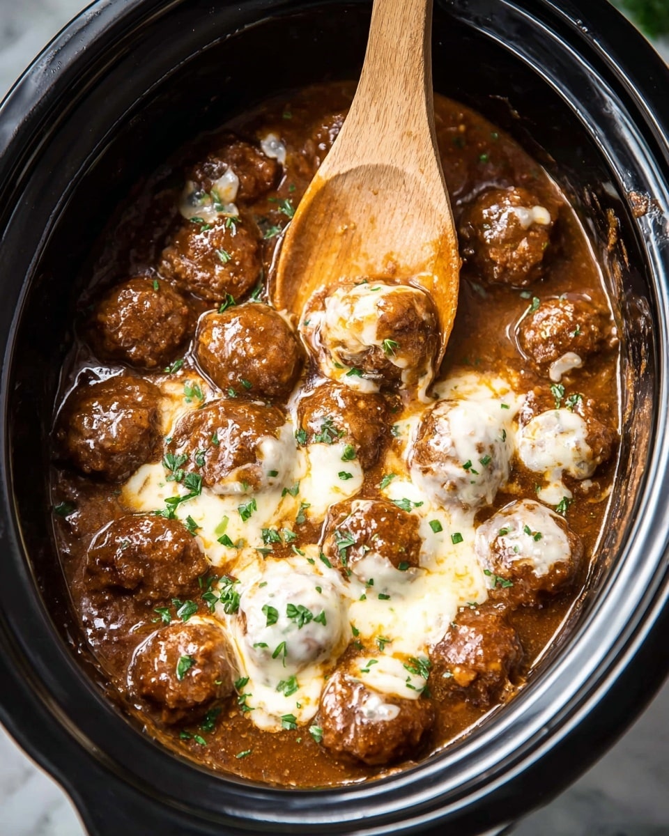 The image shows a black slow cooker filled with about two layers of round, brown meatballs covered in a thick, glossy brown gravy. Spread unevenly across the top layer are creamy, melted white cheese patches that blend softly into the gravy. The meatballs and cheese are sprinkled with finely chopped green herbs, adding a pop of color. A wooden spoon is partially submerged, scooping some meatballs and gravy, mixing the melted cheese slightly. The slow cooker sits on a white marbled surface photo taken with an iphone --ar 4:5 --v 7
