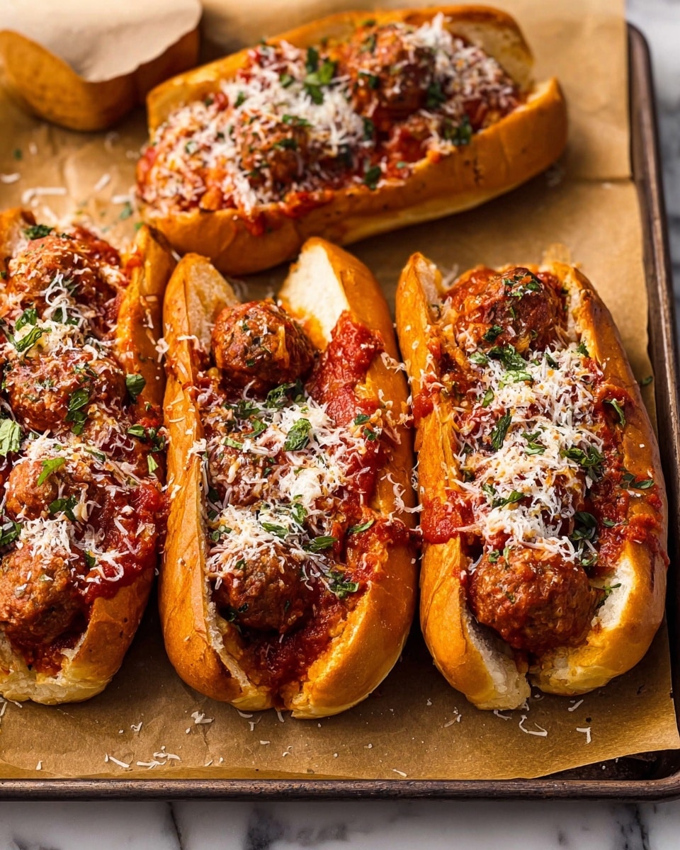 The image shows a roll of baked bread with a golden brown crust and soft inside. On top are two portions of cooked meat with a textured surface, covered by a bright red tomato sauce. Small pieces of grated white cheese are sprinkled on the meat and around the roll. The bread is placed in a baking tray lined with brown parchment paper, resting on a white marbled surface. The focus is close, showing a small bite taken from the bread. Photo taken with an iphone --ar 4:5 --v 7
