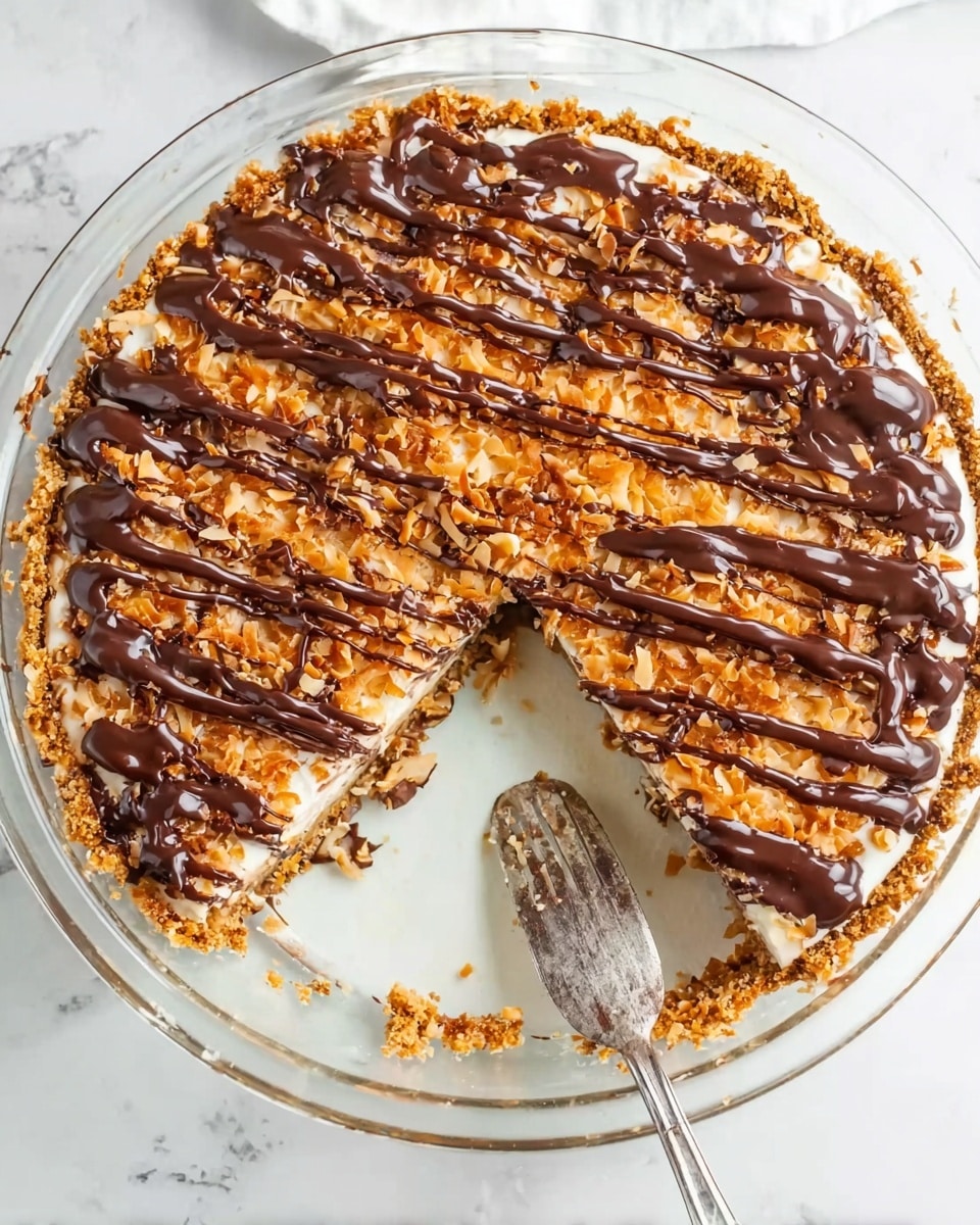 This close-up image shows a dessert with multiple horizontal layers. The base layer is a light golden crust, topped with a thick, textured coconut filling that appears moist and slightly shredded. On top of this filling, there are several evenly spaced, dark brown chocolate drizzle lines running vertically down the dessert. The dessert is placed on a round white plate, and the background is a white marbled surface. photo taken with an iphone --ar 4:5 --v 7