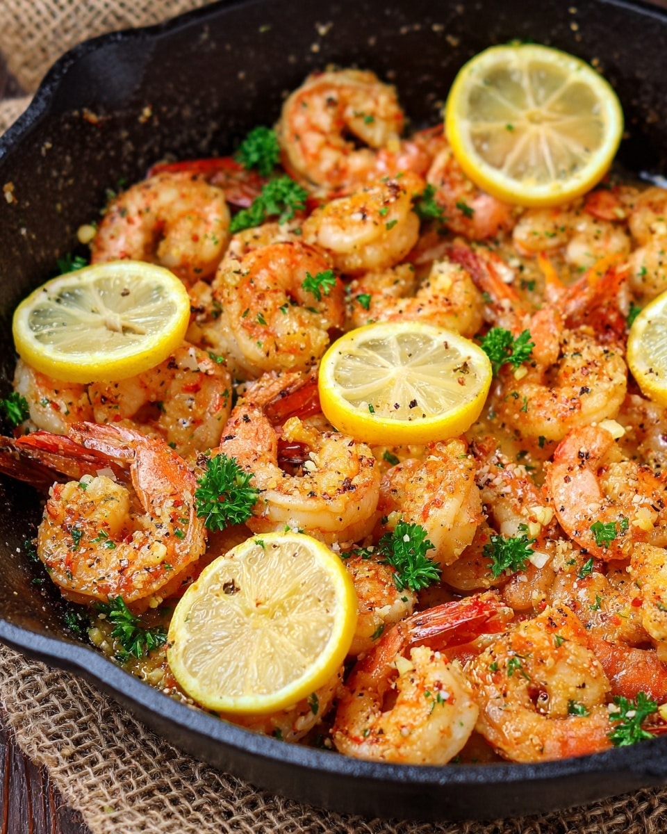 A black cast iron pan filled with cooked shrimp that are light orange and white with pink tails. The shrimp are spread evenly across the pan, mixed with small yellow bits that look like minced garlic and black pepper sprinkled on top. Bright green parsley leaves are scattered among the shrimp for color, and several lemon wedges with pale yellow flesh are placed on top and around the shrimp. The pan rests on a beige cloth with a brown pattern, set on a white marbled surface. photo taken with an iphone --ar 4:5 --v 7
