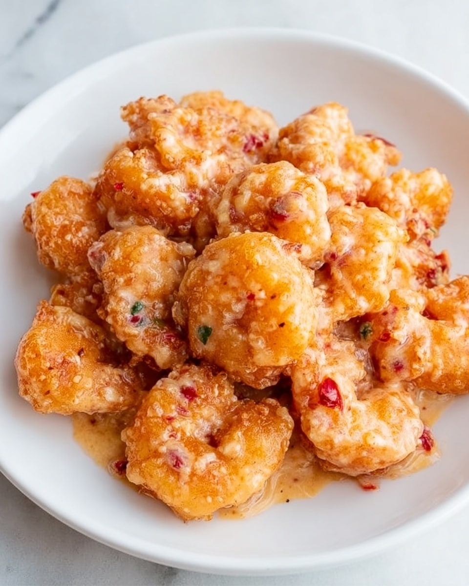 A white round plate with a pile of golden brown fried shrimp covered in a creamy, slightly chunky sauce with bits of red and green visible, giving a textured and rich look. The shrimp are arranged close together, creating a dense layer with the sauce coating them unevenly, showing a mix of shiny and matte surfaces. The background and surface under the plate feature a white marbled texture for a clean and bright setting. Photo taken with an iphone --ar 4:5 --v 7