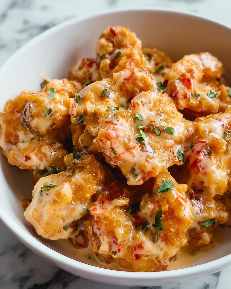 The image shows a white bowl filled with golden-brown battered shrimp coated in a creamy sauce. The shrimp pieces are irregular in shape and clustered together, with a shiny, slightly thick layer of sauce covering each one. Small green leaves, likely fresh herbs, are sprinkled on top, adding color contrast. The texture of the shrimp looks crispy yet soft under the sauce. The bowl sits on a white marbled surface. photo taken with an iphone --ar 4:5 --v 7
