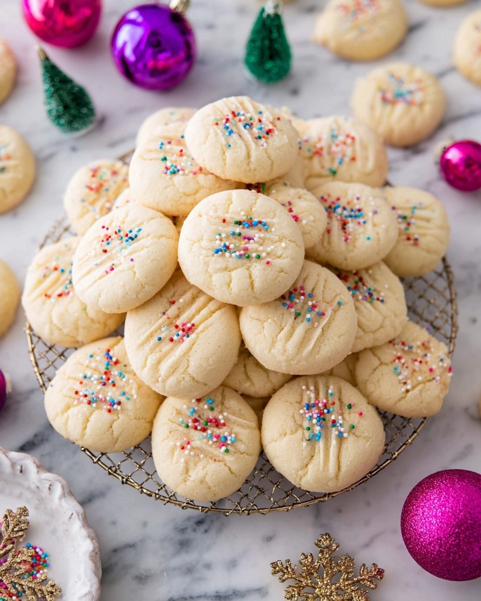 A pile of round, soft sugar cookies sits on a golden wire cooling rack lined with a deep red cloth underneath. Each cookie is pale cream-colored with faint fork marks on top and small, colorful round sprinkles scattered unevenly over them. The cookies have a smooth, slightly crumbly texture and are stacked casually, some leaning on others. In the background on a white marbled surface, more cookies are softly blurred, along with a golden ornament adding a festive touch. Photo taken with an iphone --ar 4:5 --v 7