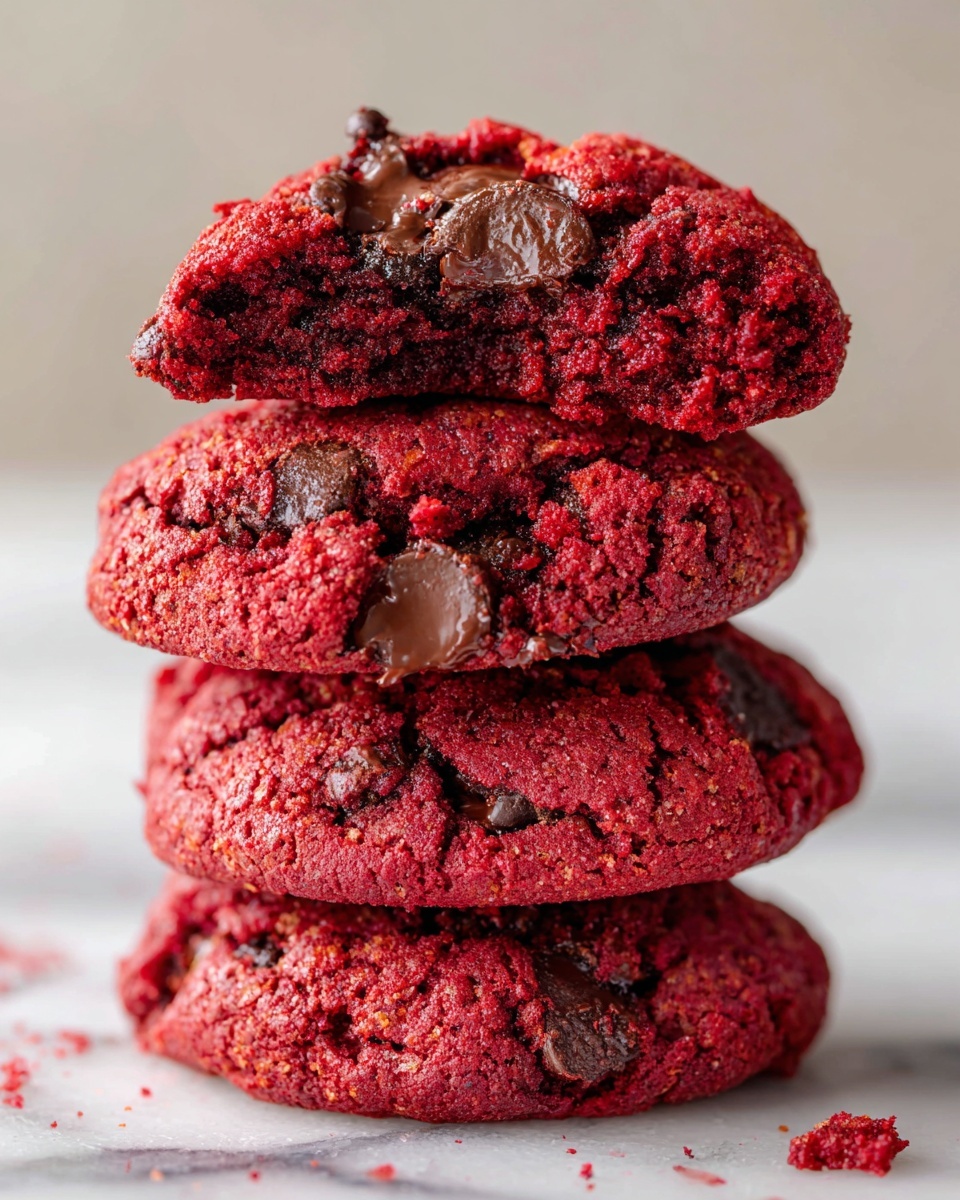 A close-up of two bright red cookies stacked on top of each other on a white marbled surface. The cookies have a soft, slightly crumbly texture with visible deep brown chocolate chips embedded on the top and sides. One more red cookie is faintly visible in the background, slightly out of focus. The red color is vibrant and consistent throughout the cookies, highlighting their rich, dense look. photo taken with an iphone --ar 4:5 --v 7